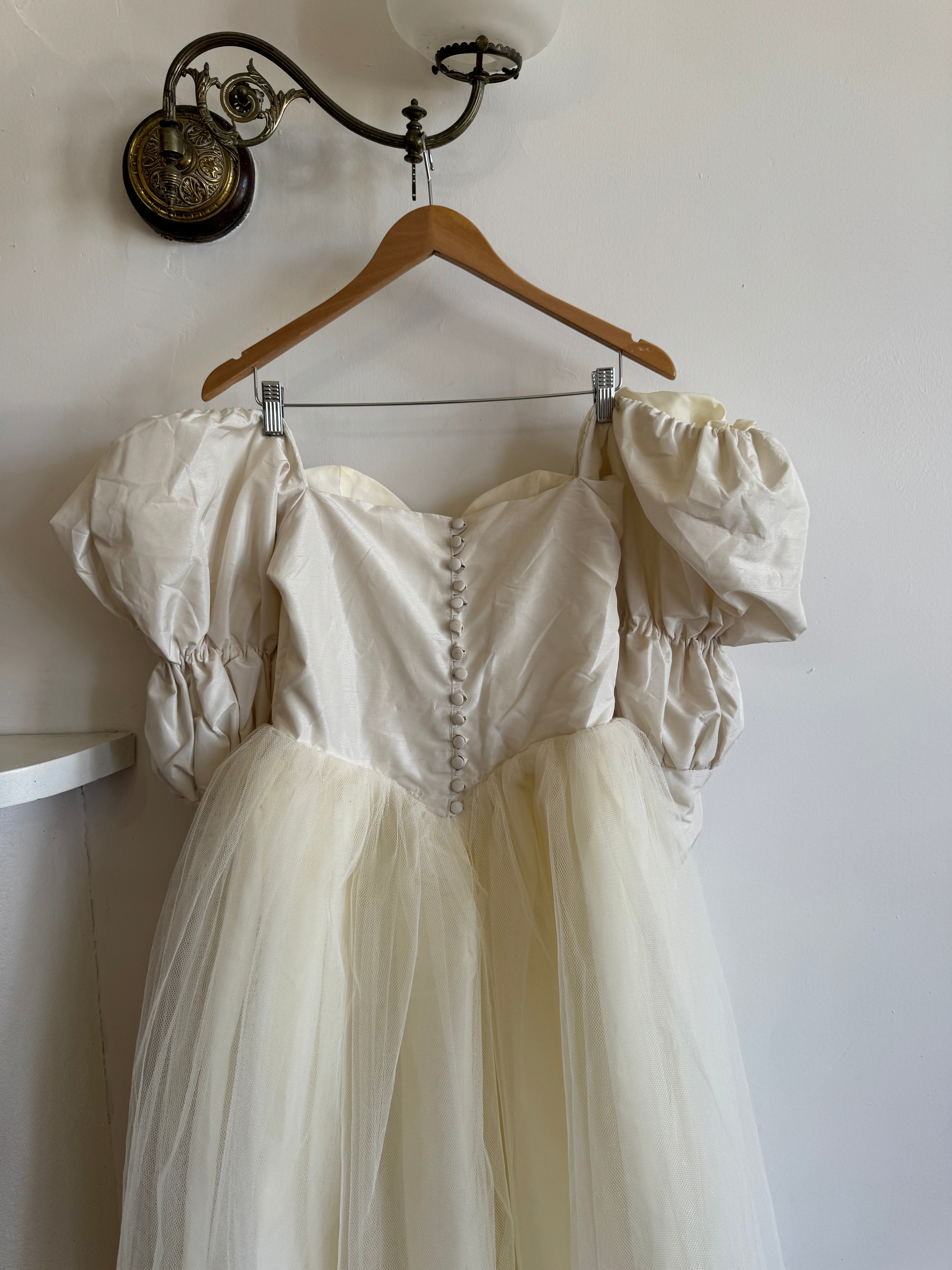 Vintage 80s Pure Silk and Tulle Off Shoulder Wedding Dress