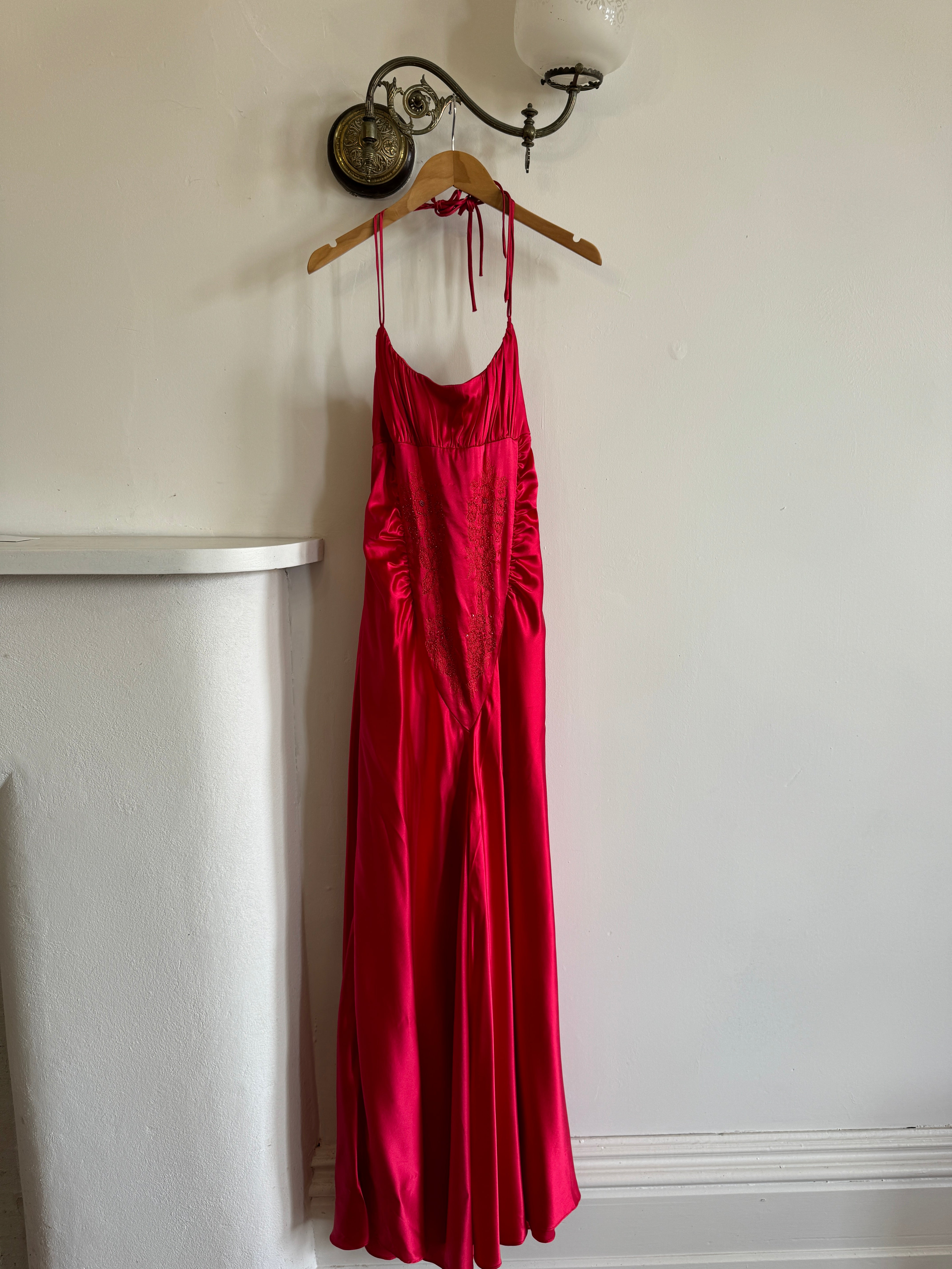 Vintage 90s Pure Silk Beaded Halter Gown Lipstick Red