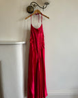 Vintage 90s Pure Silk Beaded Halter Gown Lipstick Red