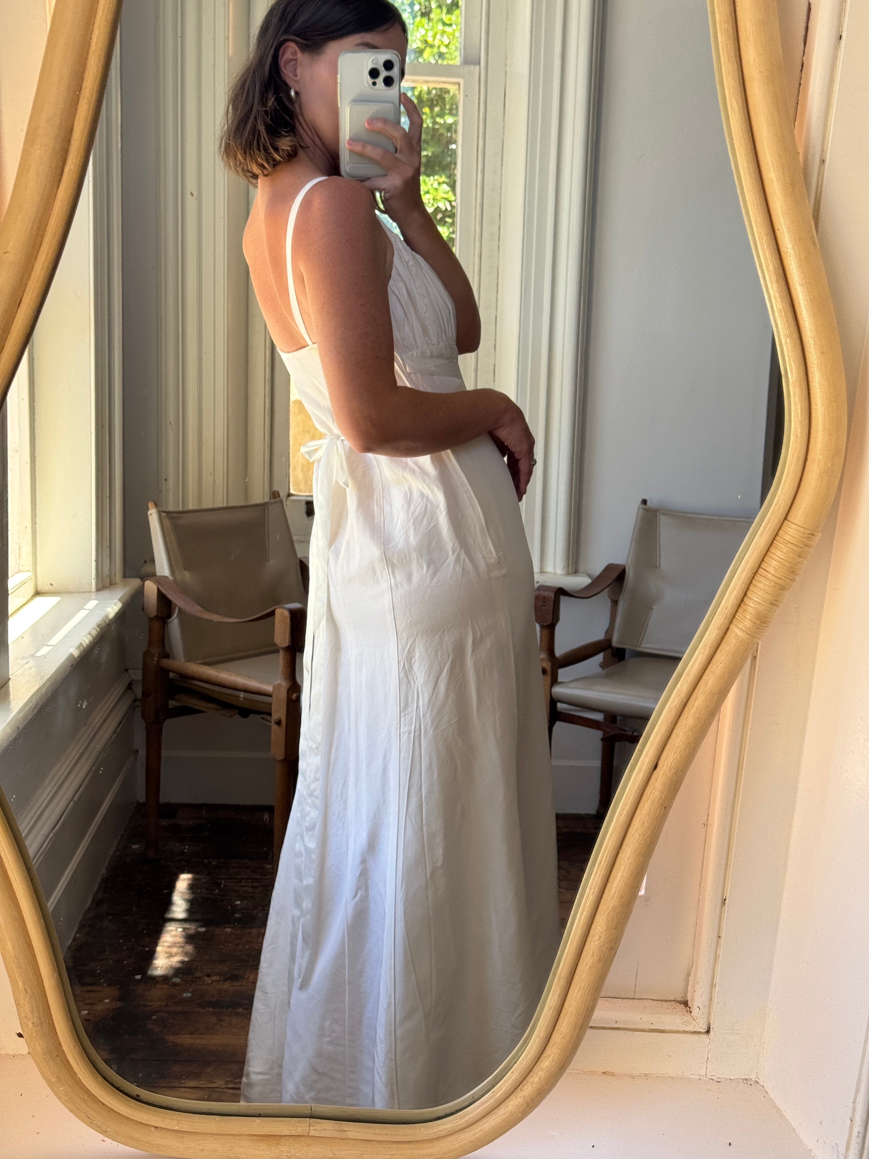 Vintage 90s Ivory Gathered Strappy Gown With Ribbon