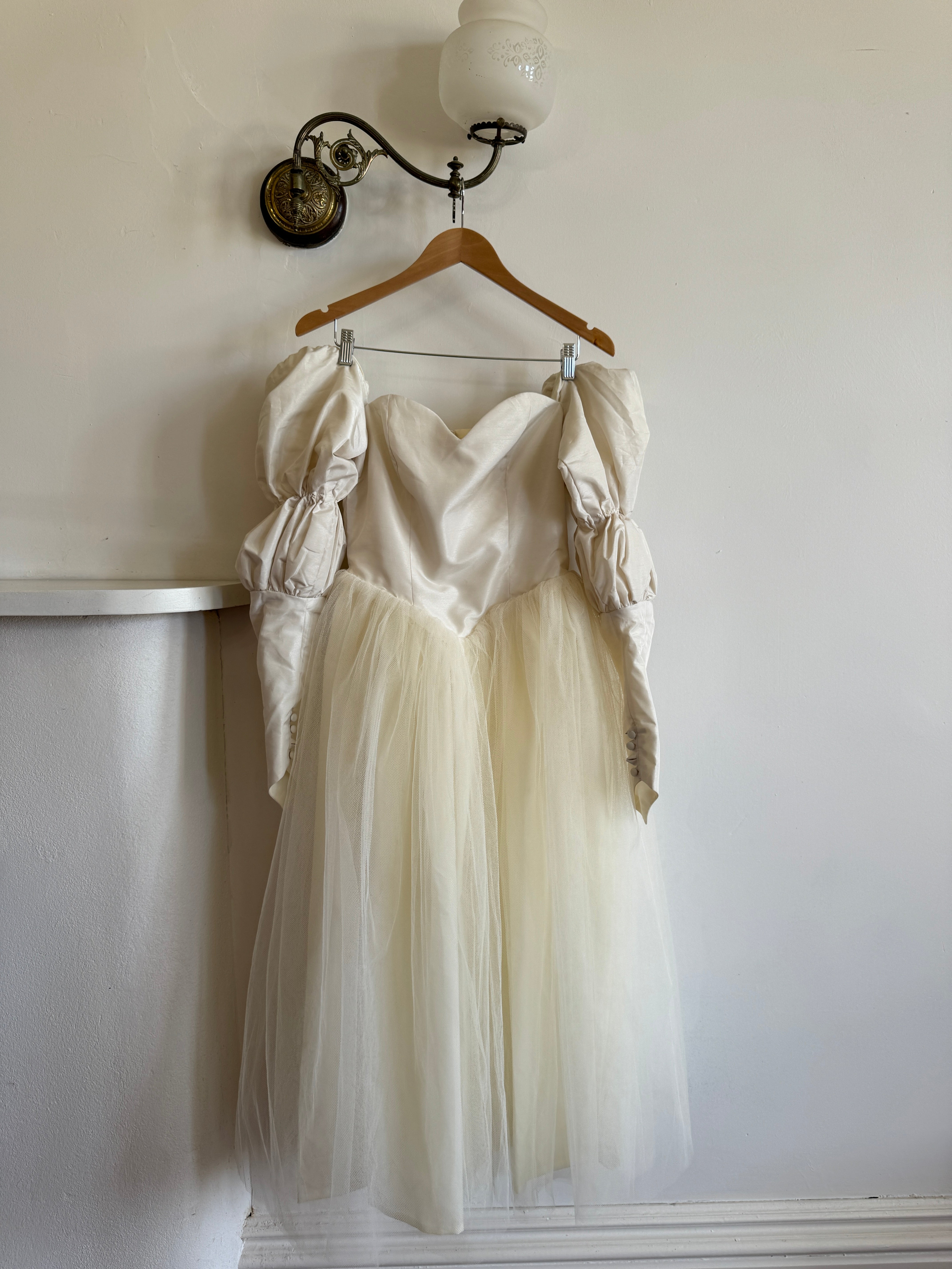 Vintage 80s Pure Silk and Tulle Off Shoulder Wedding Dress