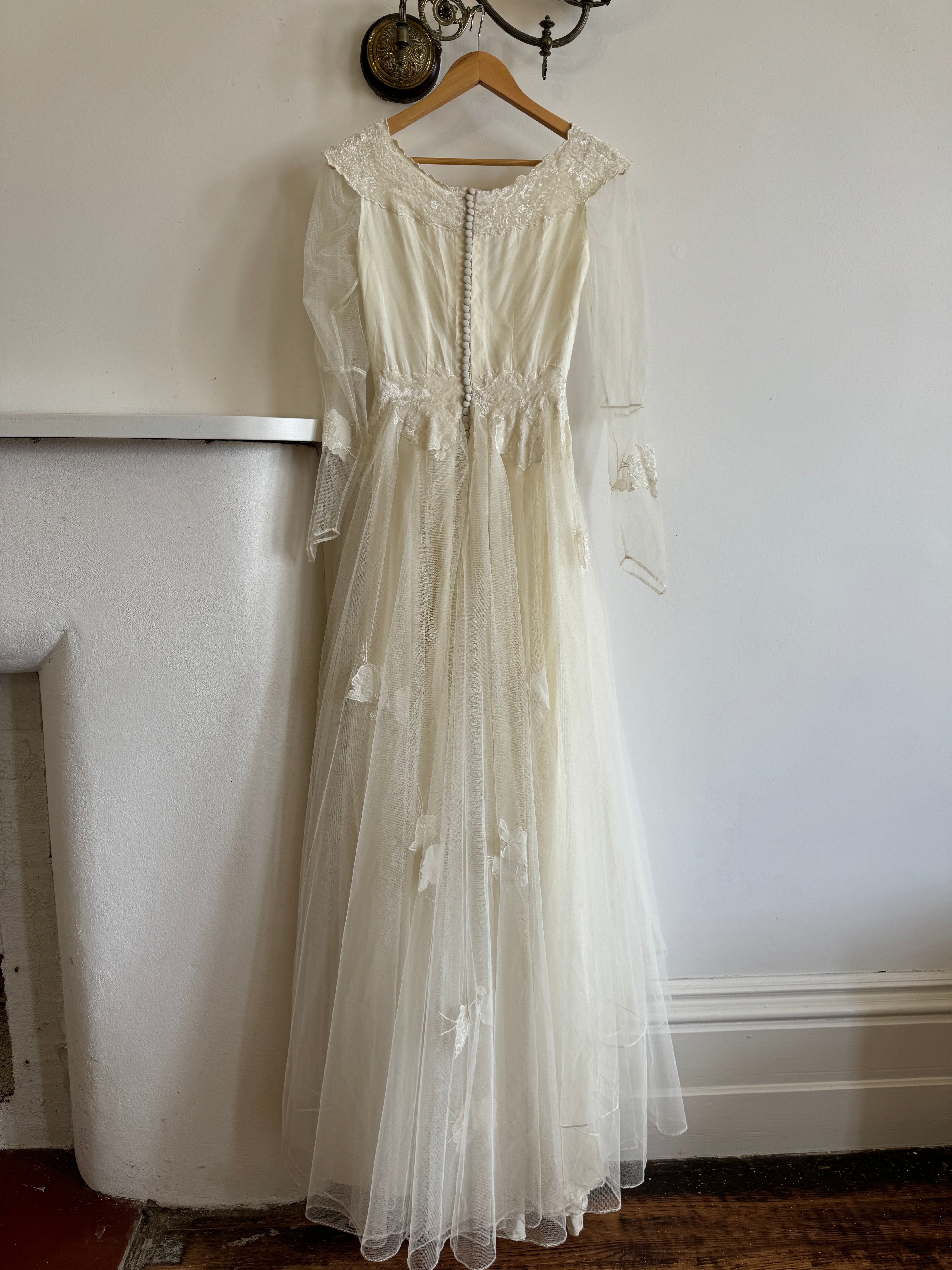 Vintage 70s Tulle and Velvet Long Sleeved Wedding Dress