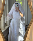 Vintage 70s Short Sleeved Prairie Wedding Dress With Train