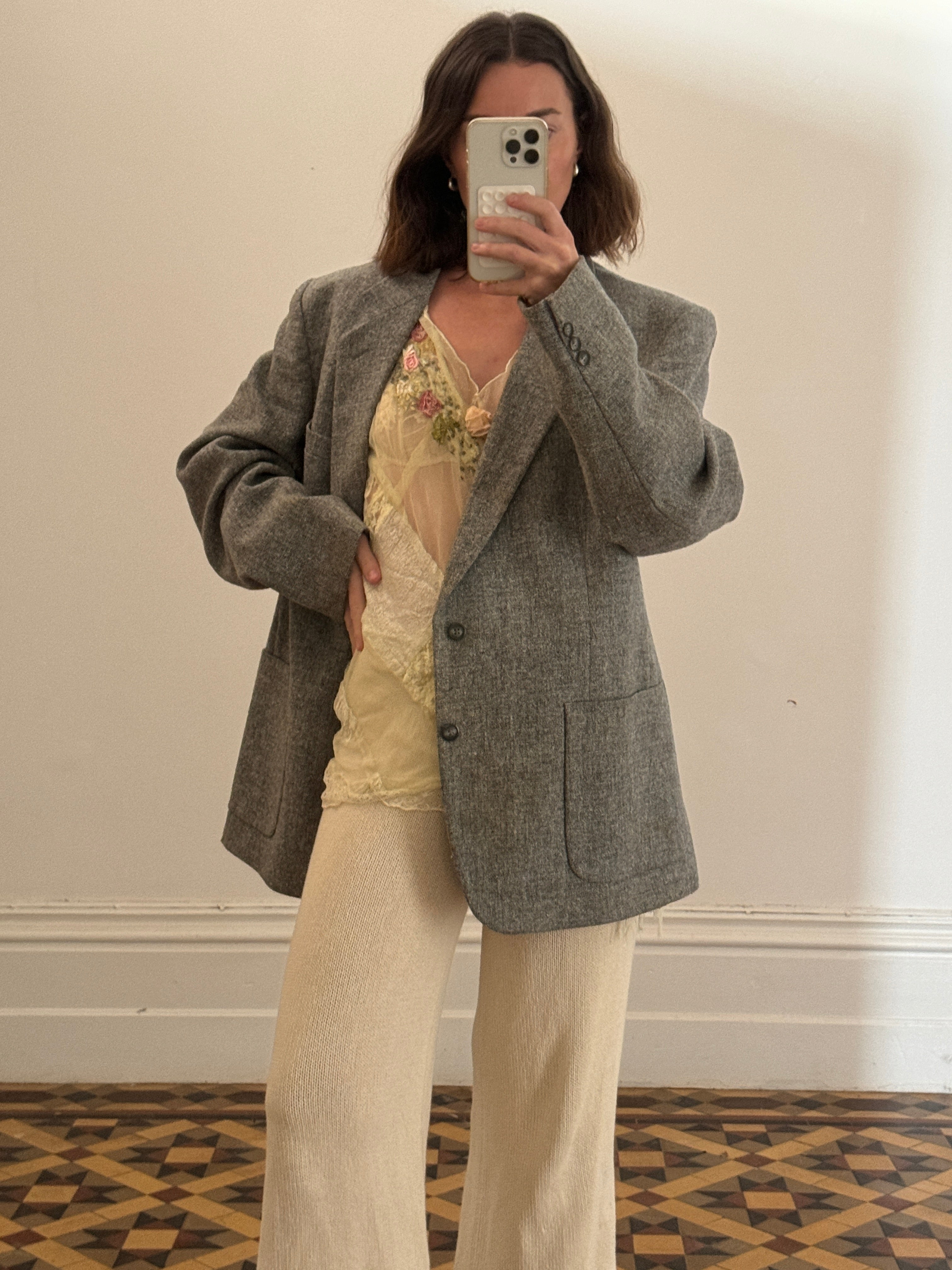 Vintage Light Grey Wool Oversized Blazer