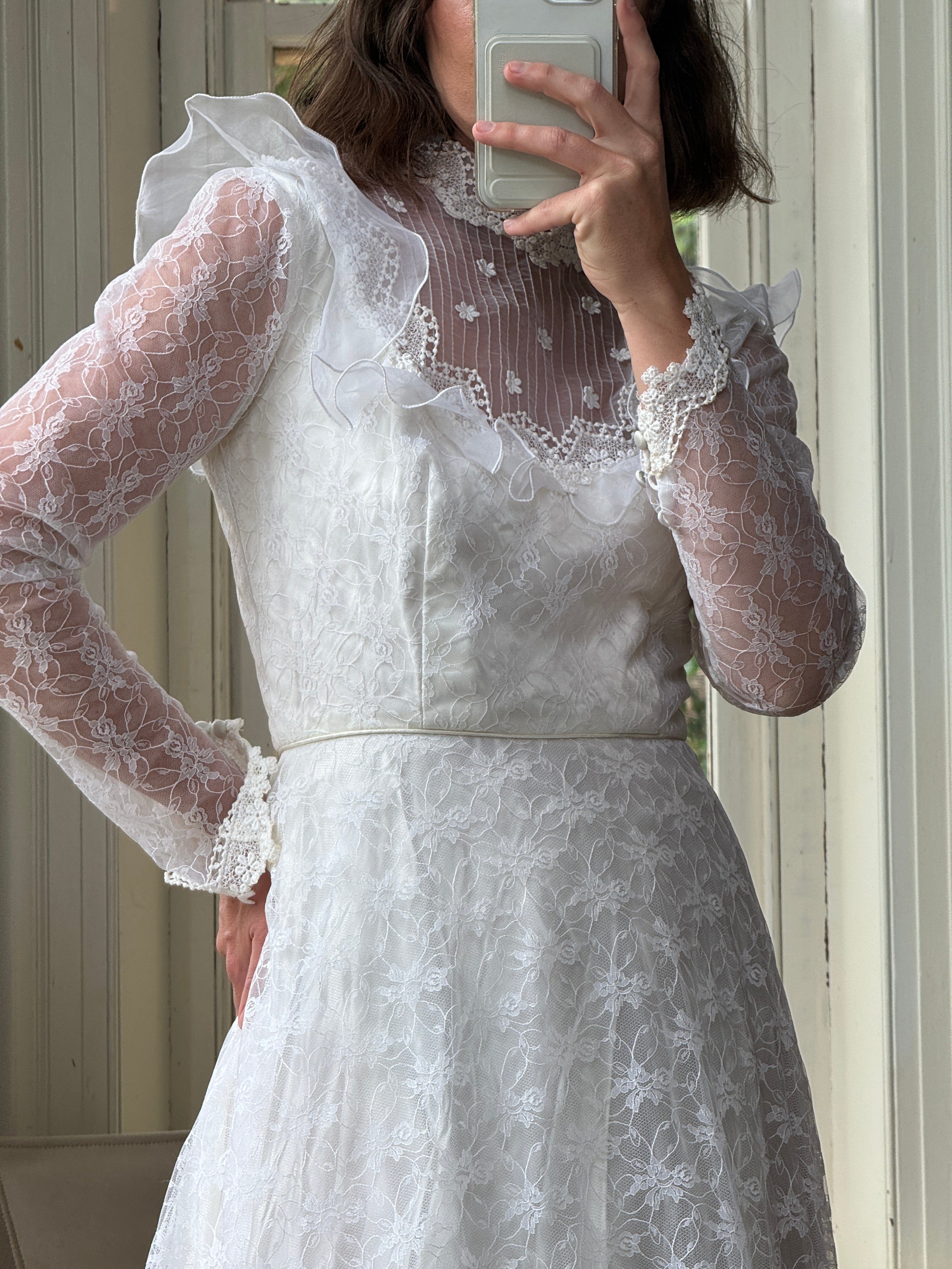 Vintage 70s Embroidered Lace Wedding Gown With Train