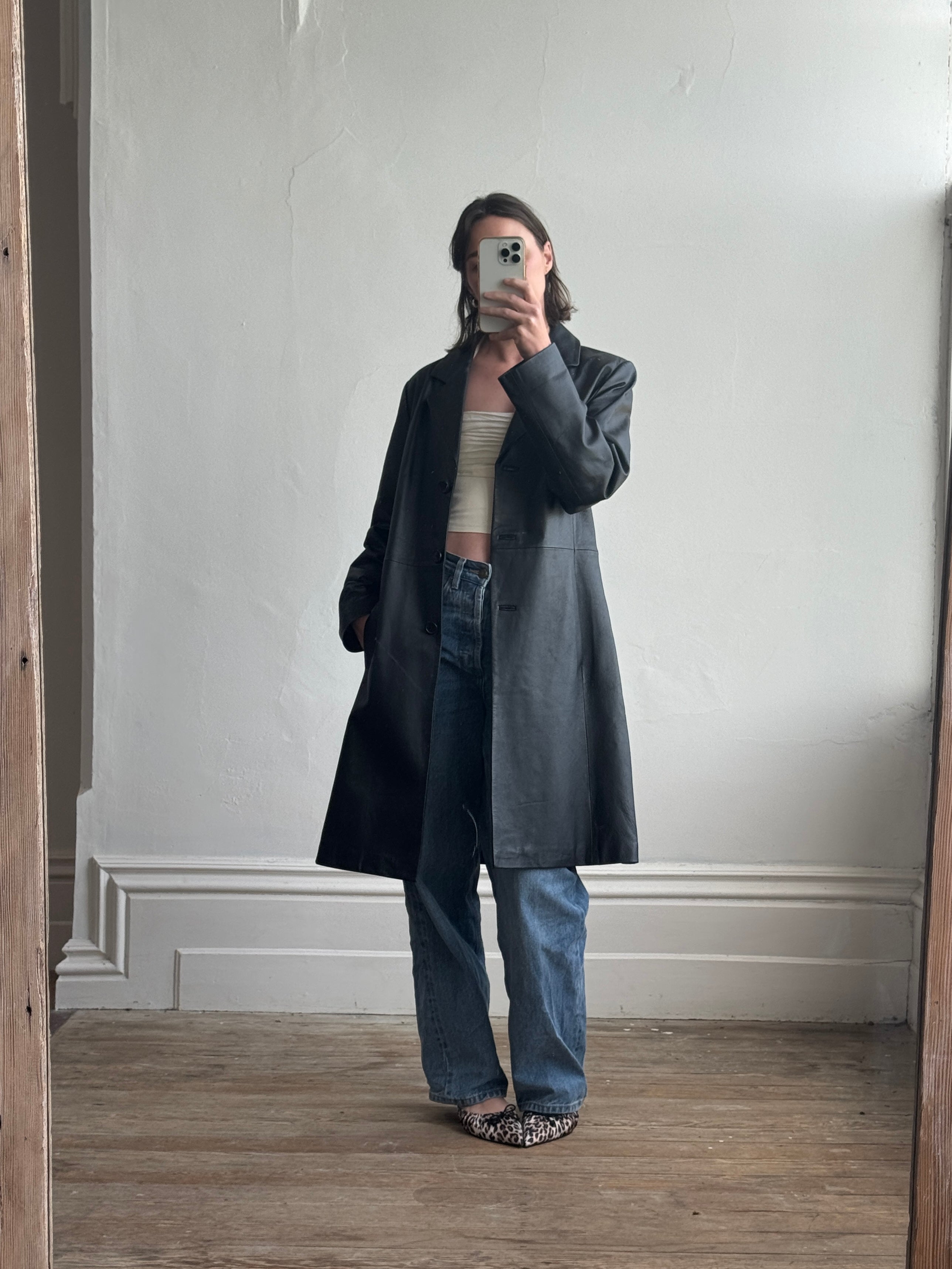 Vintage 90s Leather A Line Trench