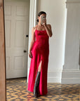 Vintage 90s Pure Silk Beaded Halter Gown Lipstick Red