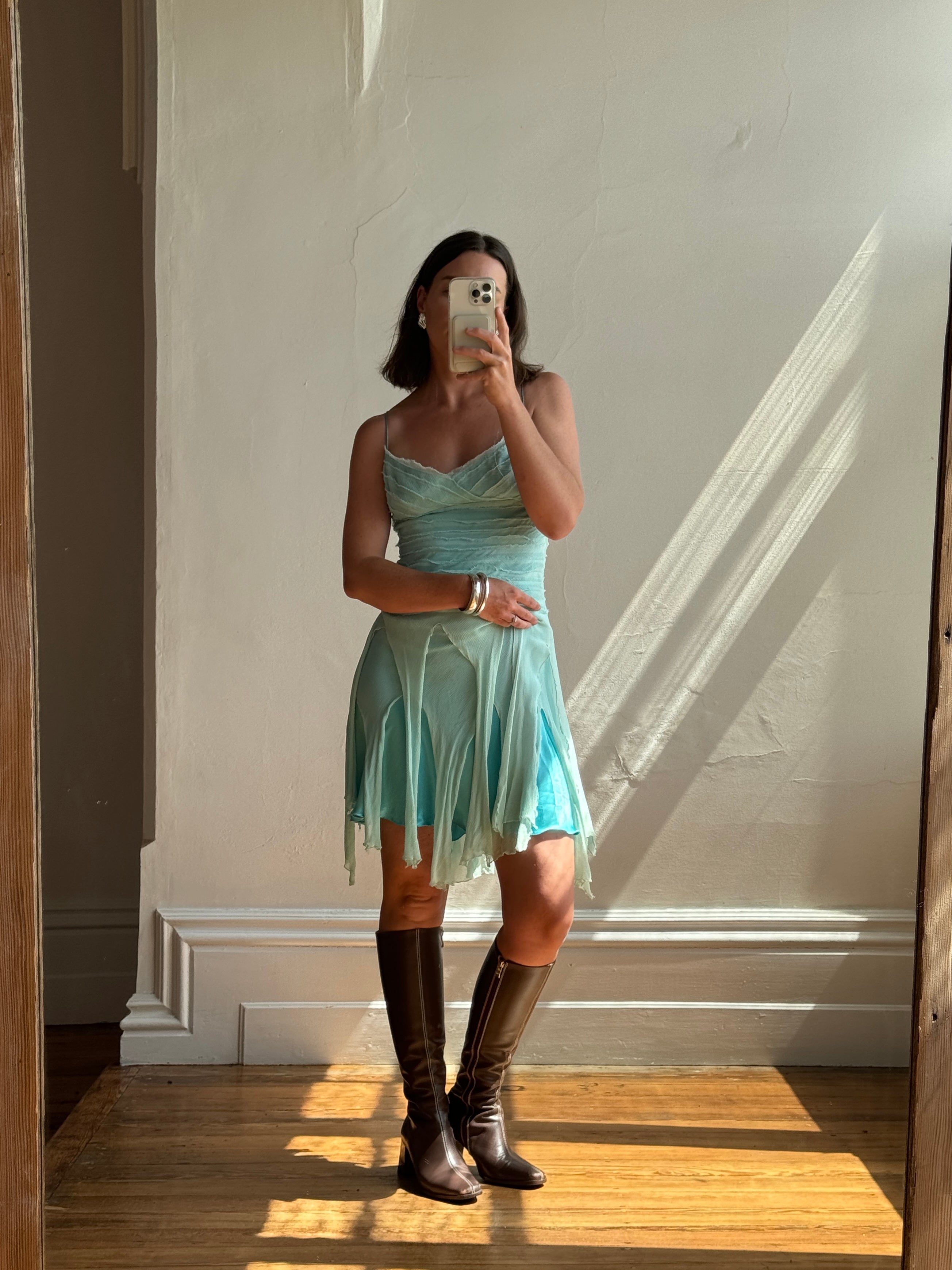 Vintage 90s Pure Silk Fairy Dress Aqua