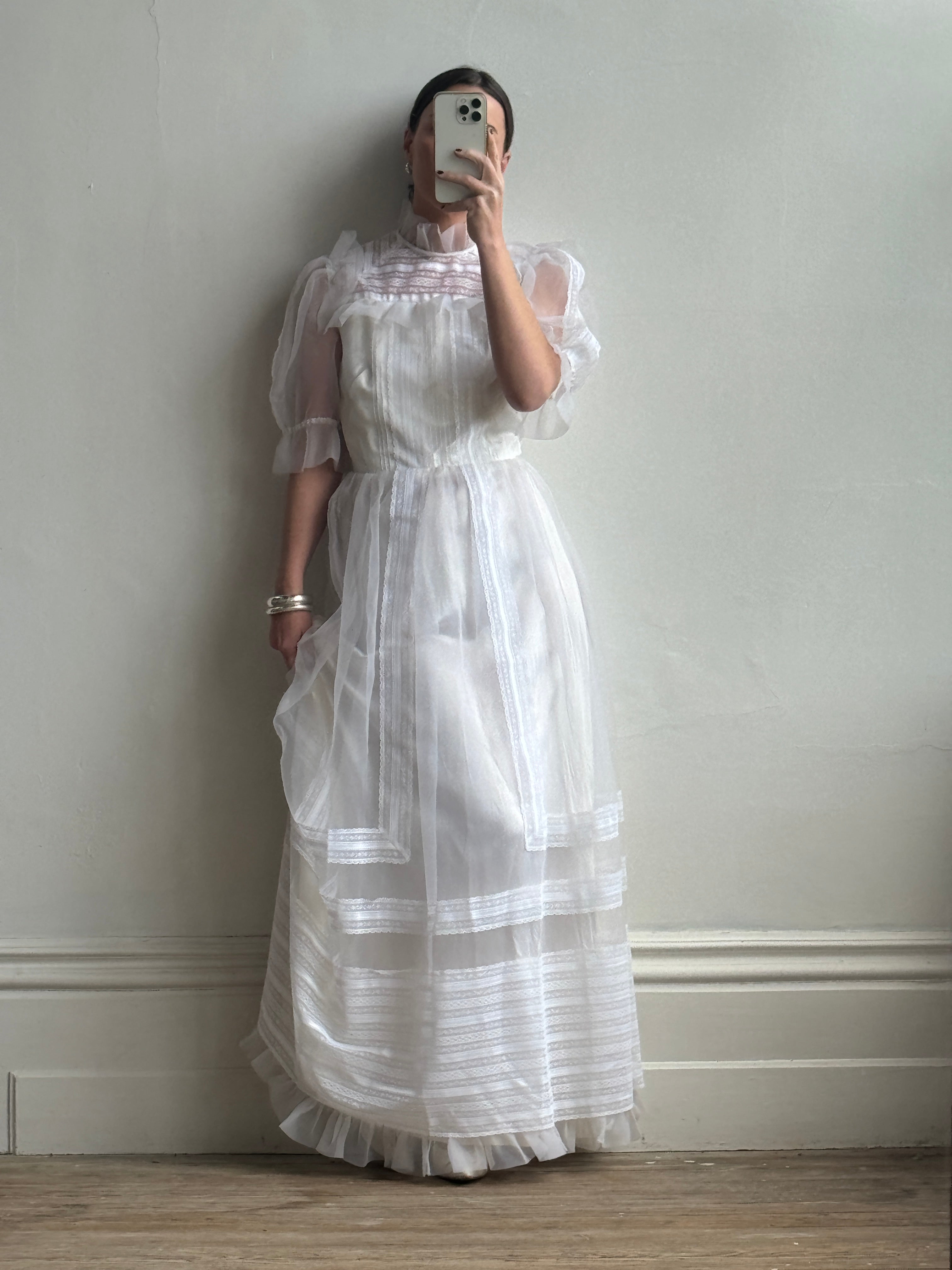 Vintage 70s Prairie Flutter Wedding Dress