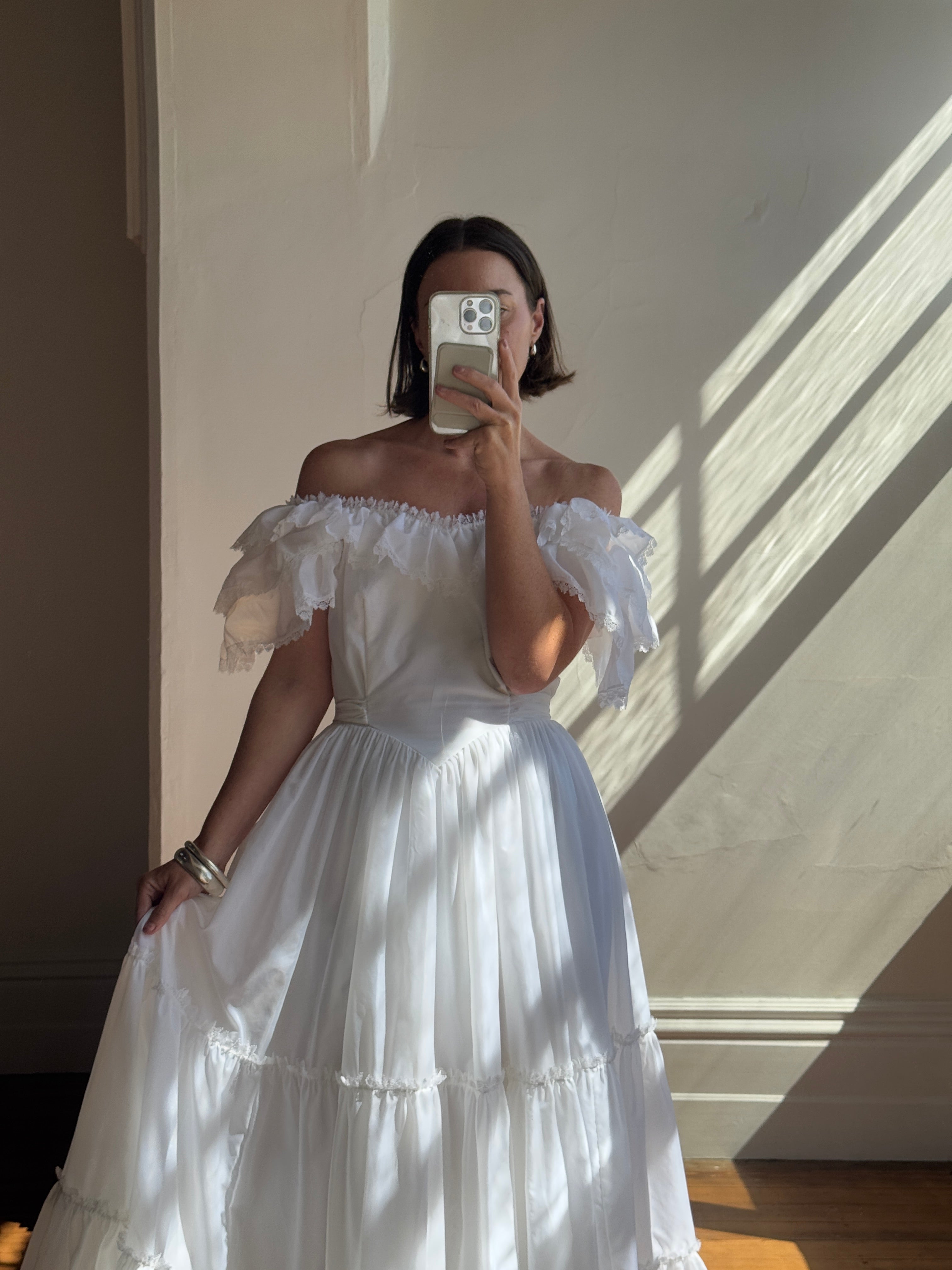 Vintage 70s Ruffled Tie Waist Wedding Dress